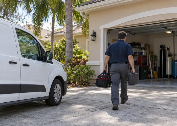 A person arriving at a garage with service equipment