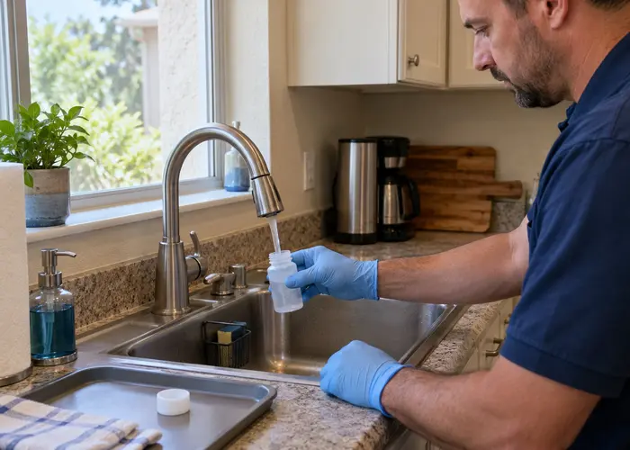 Water sample being collected at a kitchen sink