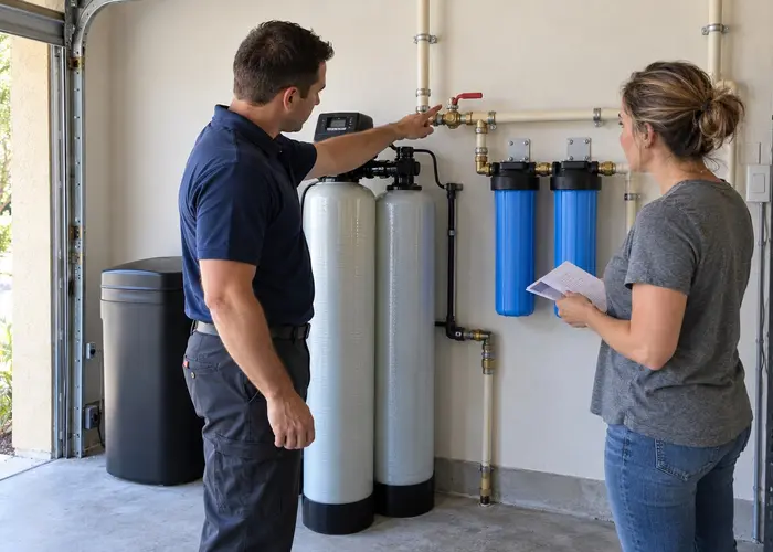 Two people reviewing treatment equipment and connecting plumbing