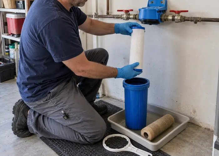 Person replacing a water-filter cartridge