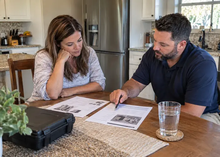 Two people discussing water-treatment information