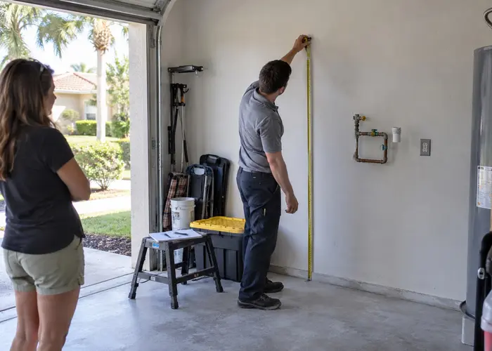 Person measuring available wall space for water-treatment equipment