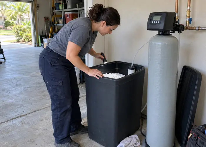 Person inspecting a brine tank beside a treatment unit