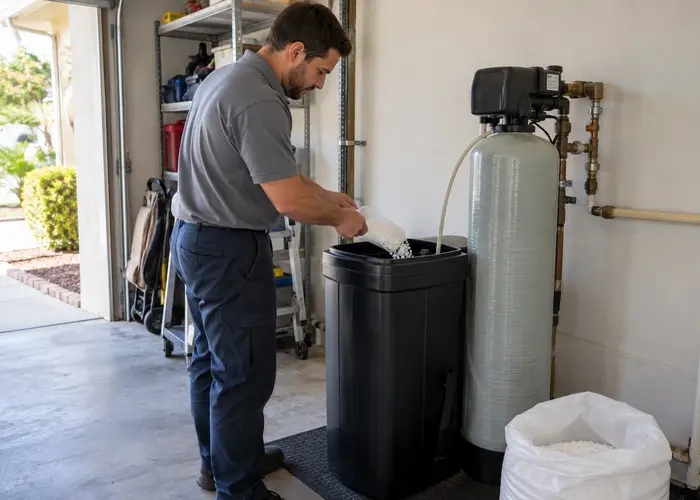 Salt being added to a softener brine tank