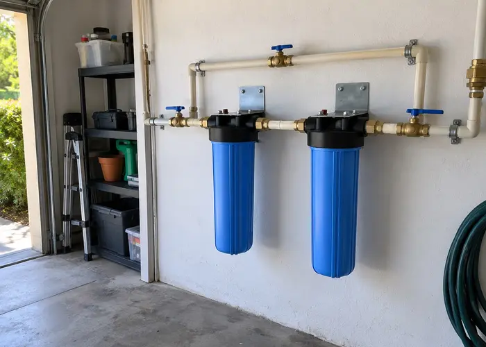 Two blue filter housings and the connected supply plumbing