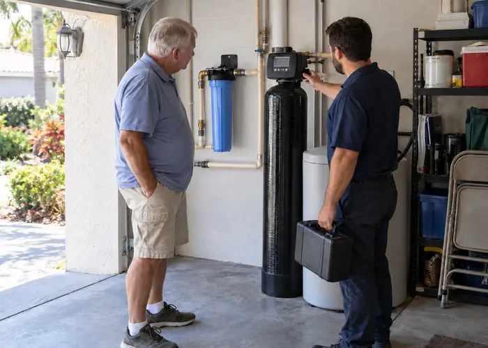 Two people reviewing installed water-treatment equipment